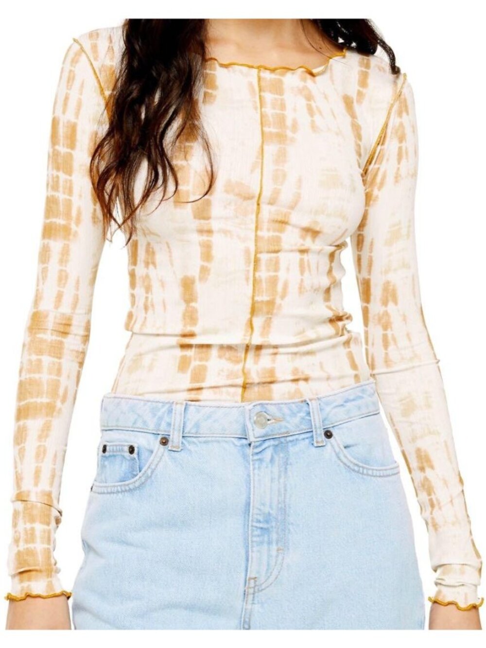 NEW Topshop Second Skin Tie Dye Cream Tan Lettuce Hem Long Sleeve Top US 6